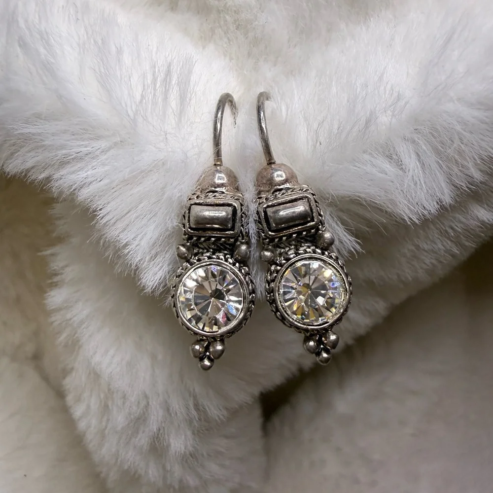 Unique Vintage Silver Crystal or CZ Drop Earrings - Picture 2 of 10